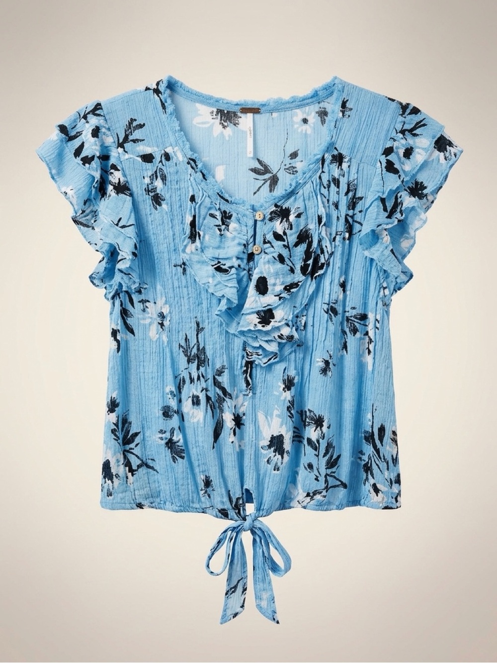 Free People Light Blue Floral Ruffle Tie-Front Blouse